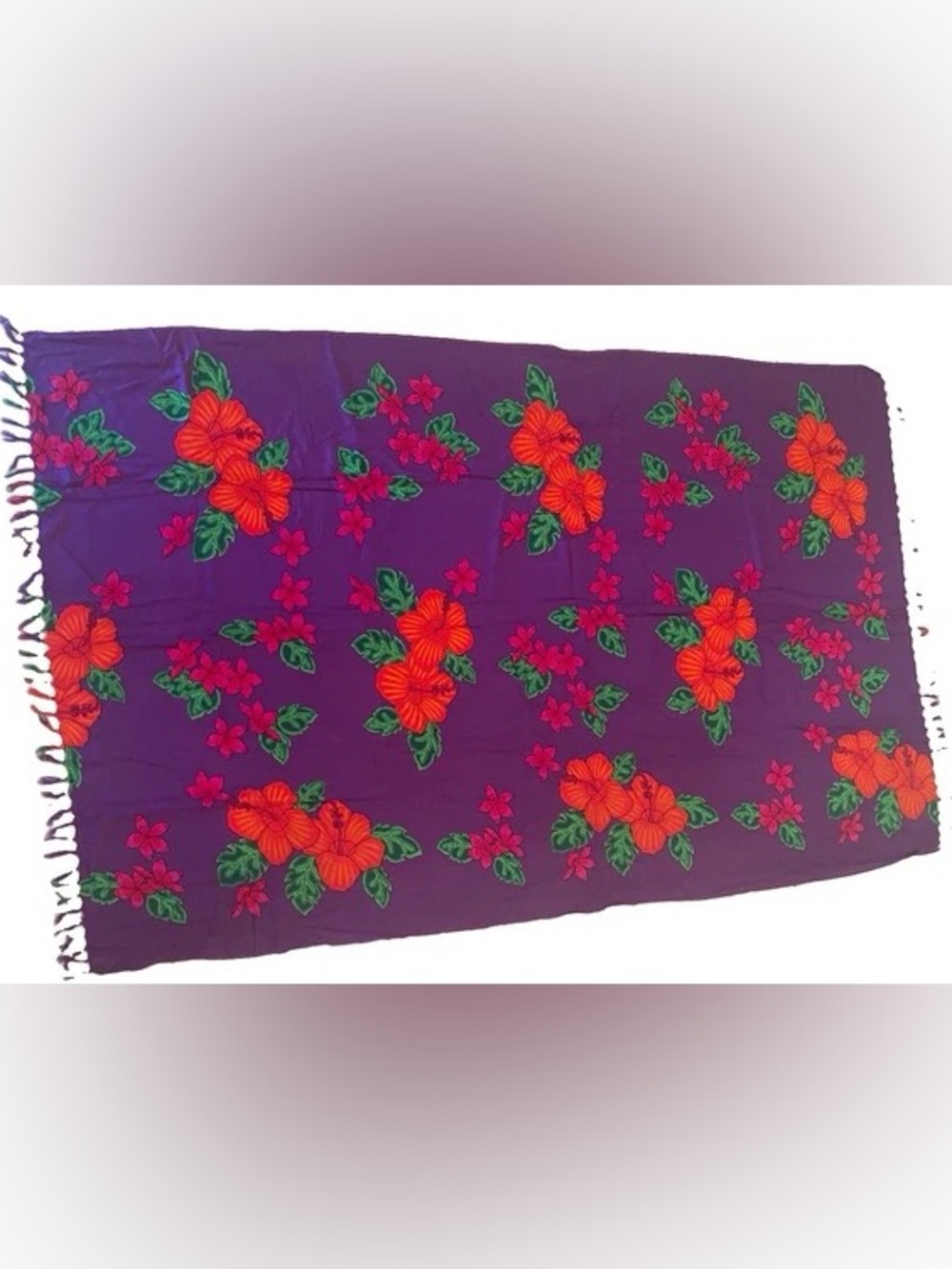 Purple Floral Swim Sarong Wrap - Bright Orange & Green Hibiscus